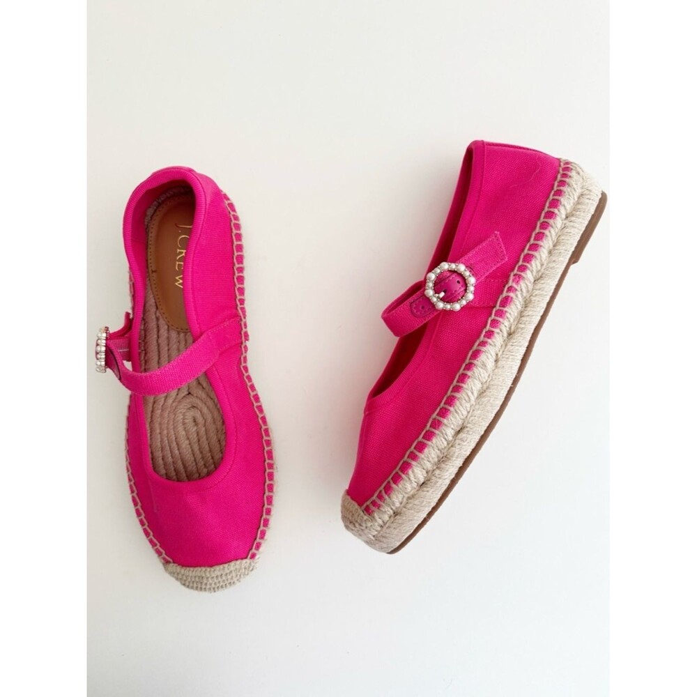 J.Crew Mary Jane Hot Pink Pearl Buckle Espadrille Flats